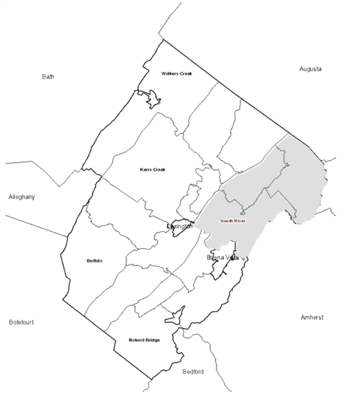 Map of Rockbridge County with South River District Highlighted 